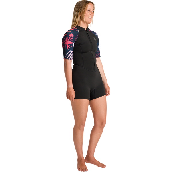 2026 C-Skins Womens NuWave Solace Lite 2/2mm Front Zip Shorty Wetsuit C-NSOL22SHW - Black / Tropical